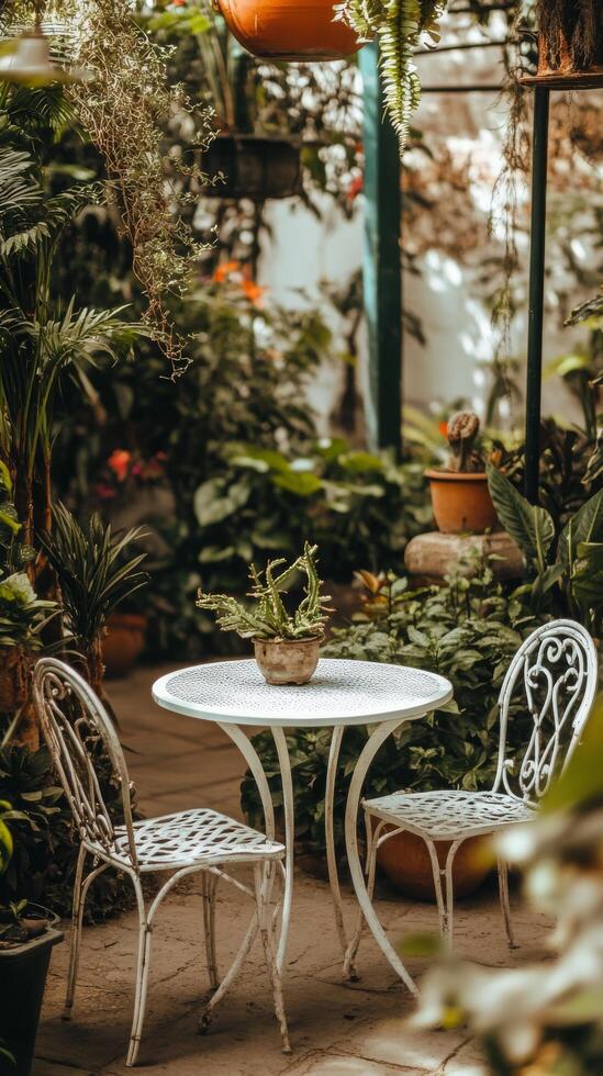 A table and chairs in a garden with plants photo