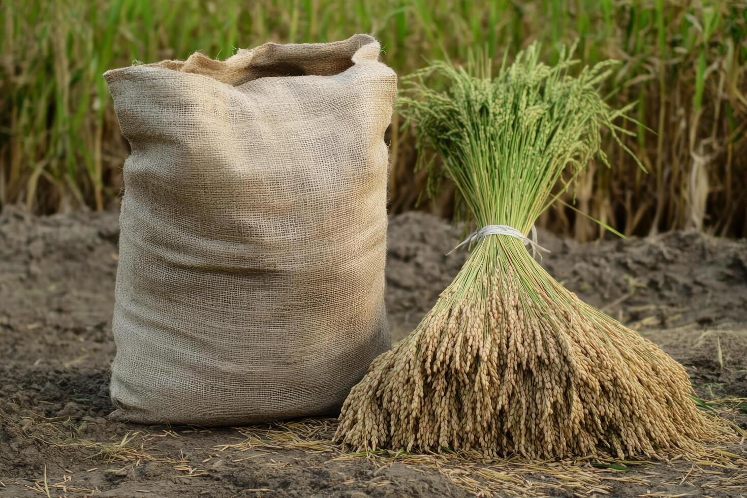 Rice bag and rice in the field photo