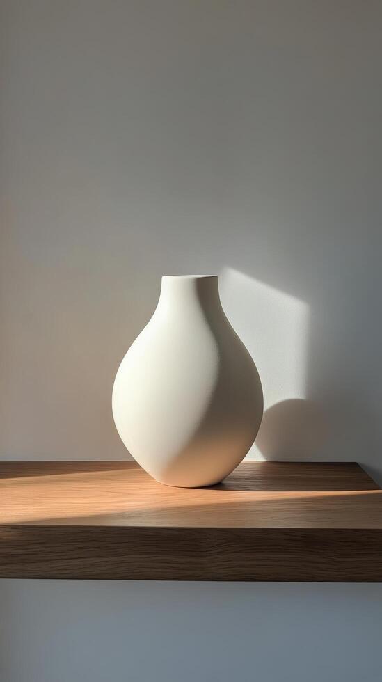 A white vase sitting on a wooden shelf photo