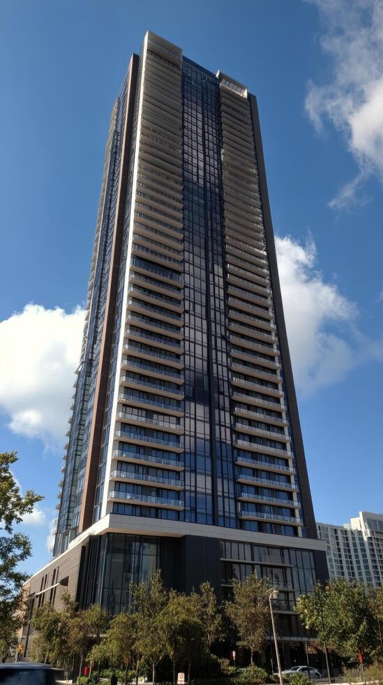 A tall building with lots of windows and a blue sky photo
