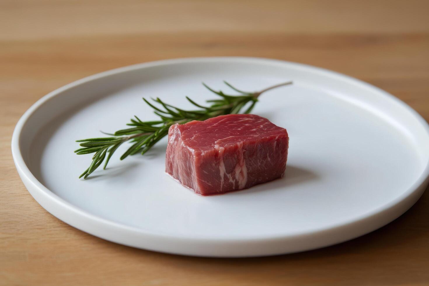 A piece of beef on a white plate with a sprig of rosemary photo