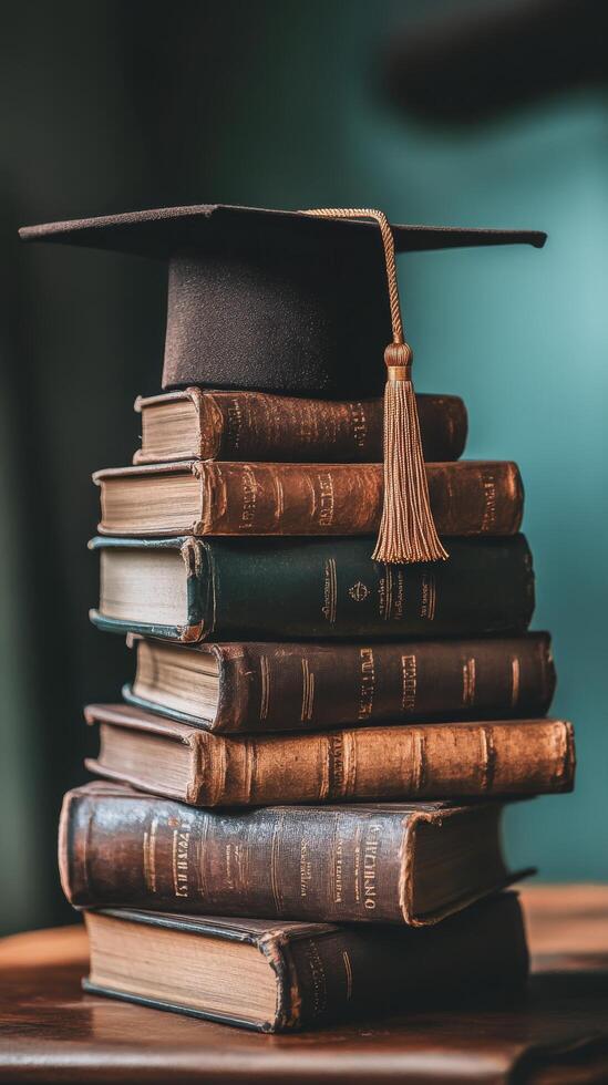 A graduation cap sits on top of a stack of books photo