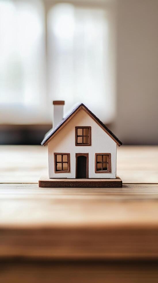 A small house sits on a wooden table photo