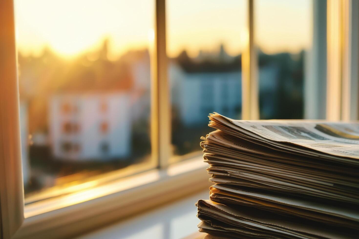 A stack of newspapers sits on a window sill photo