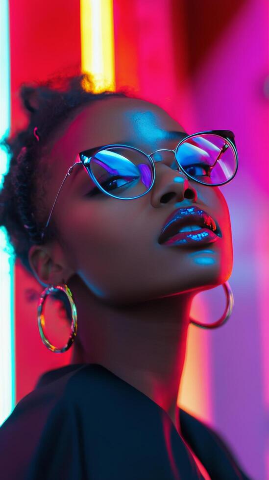 A woman wearing glasses and a colorful dress photo