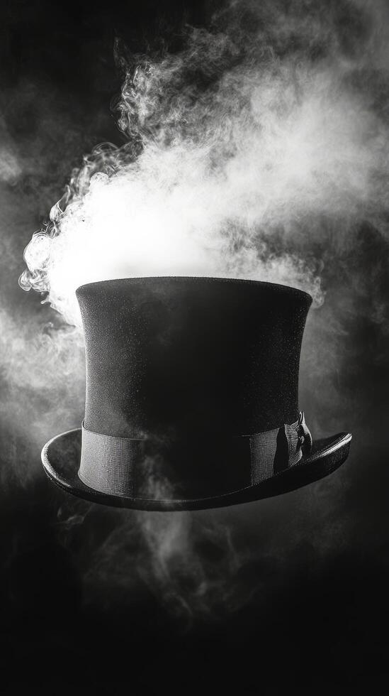 A black and white photo of a top hat with smoke coming out of it