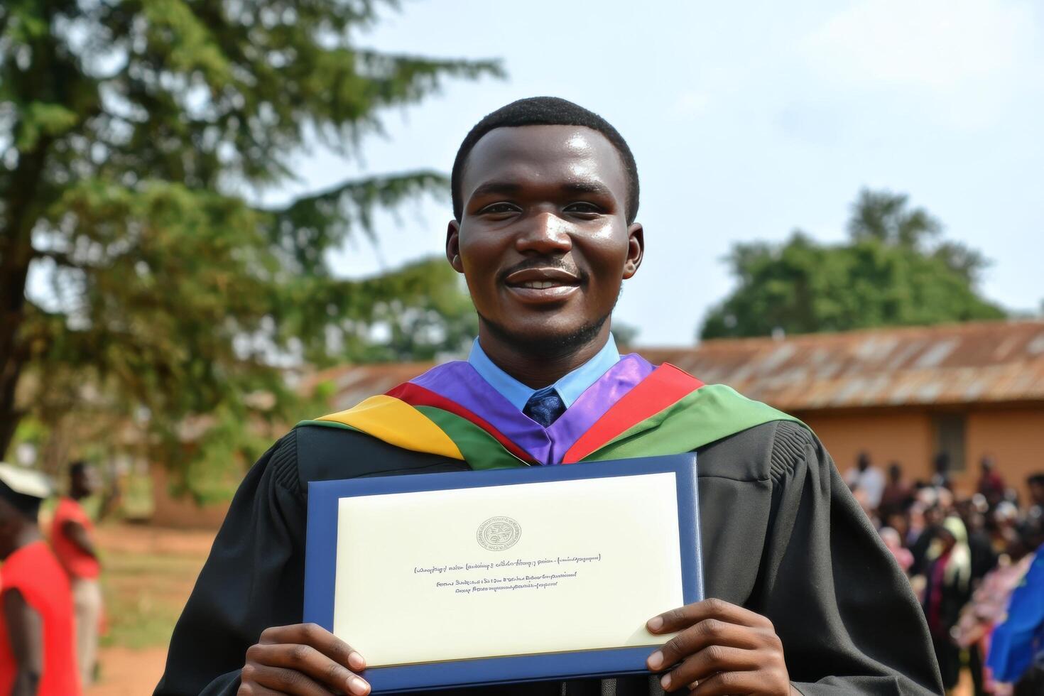A man in a graduation gown holding a diploma photo