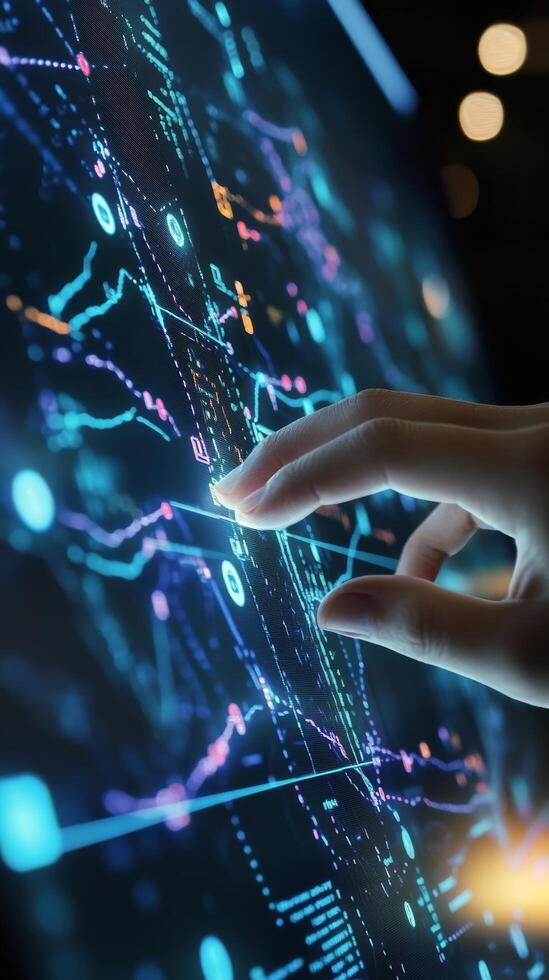 A person touching a screen with a digital image photo