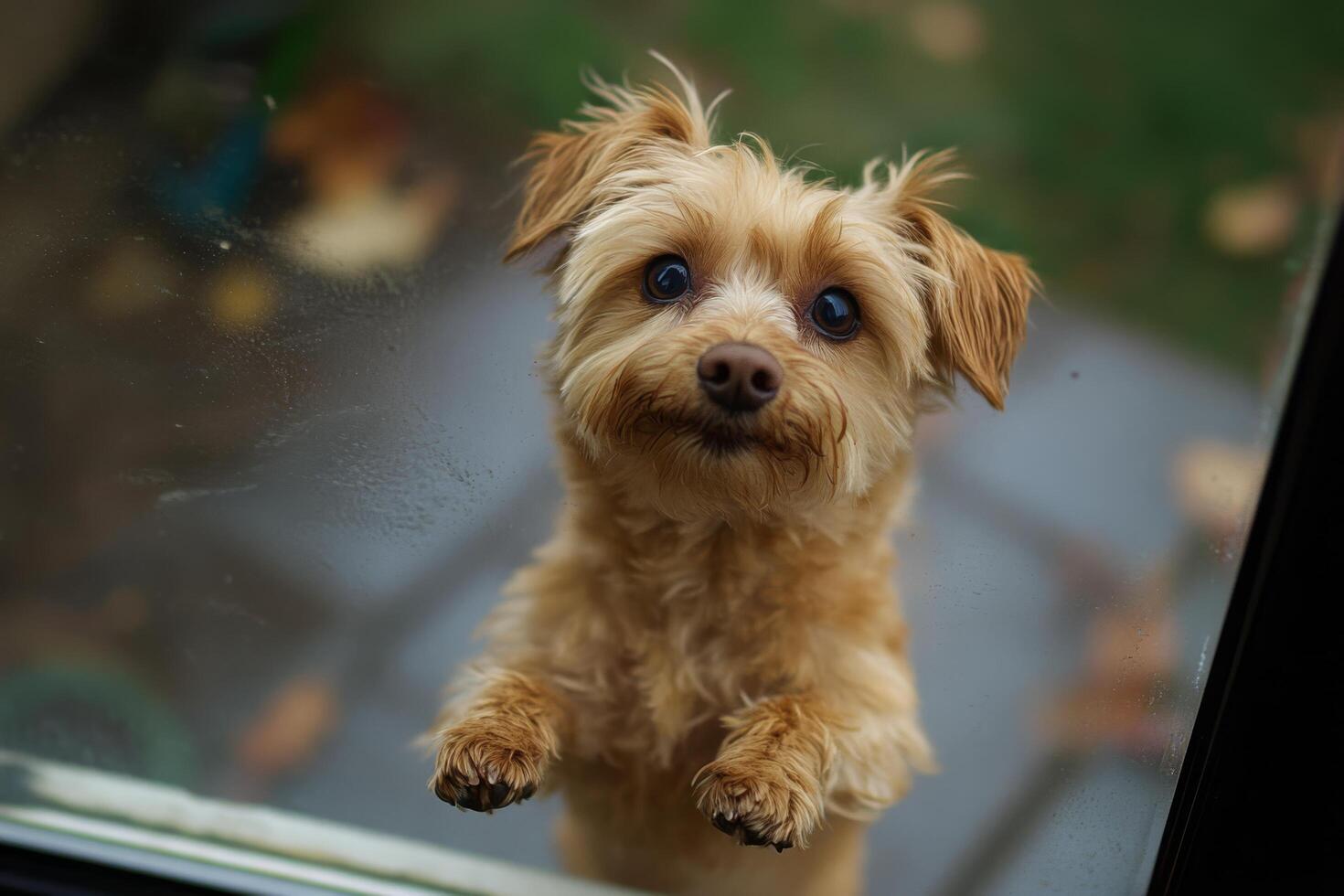 A small dog standing on its hind legs looking out a window photo