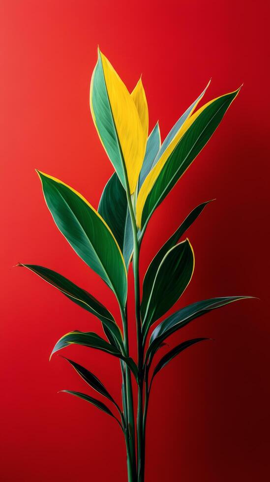 A plant with yellow leaves against a red background photo