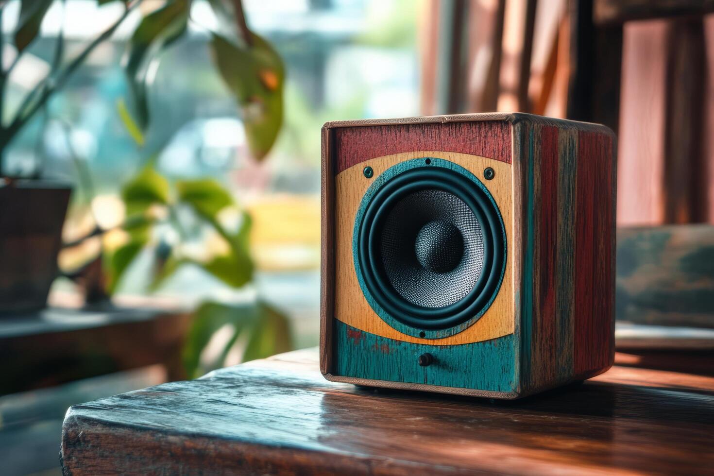 A colorful speaker sits on a wooden table photo