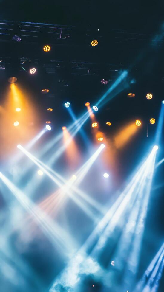 A stage with bright lights and smoke photo