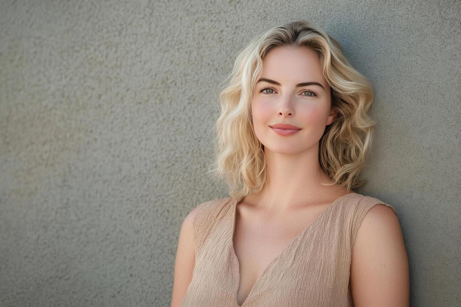 A beautiful blonde woman leaning against a wall photo