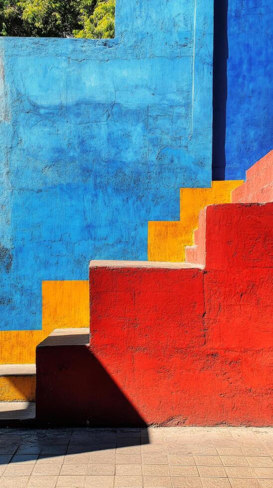 A red, yellow, and blue wall photo