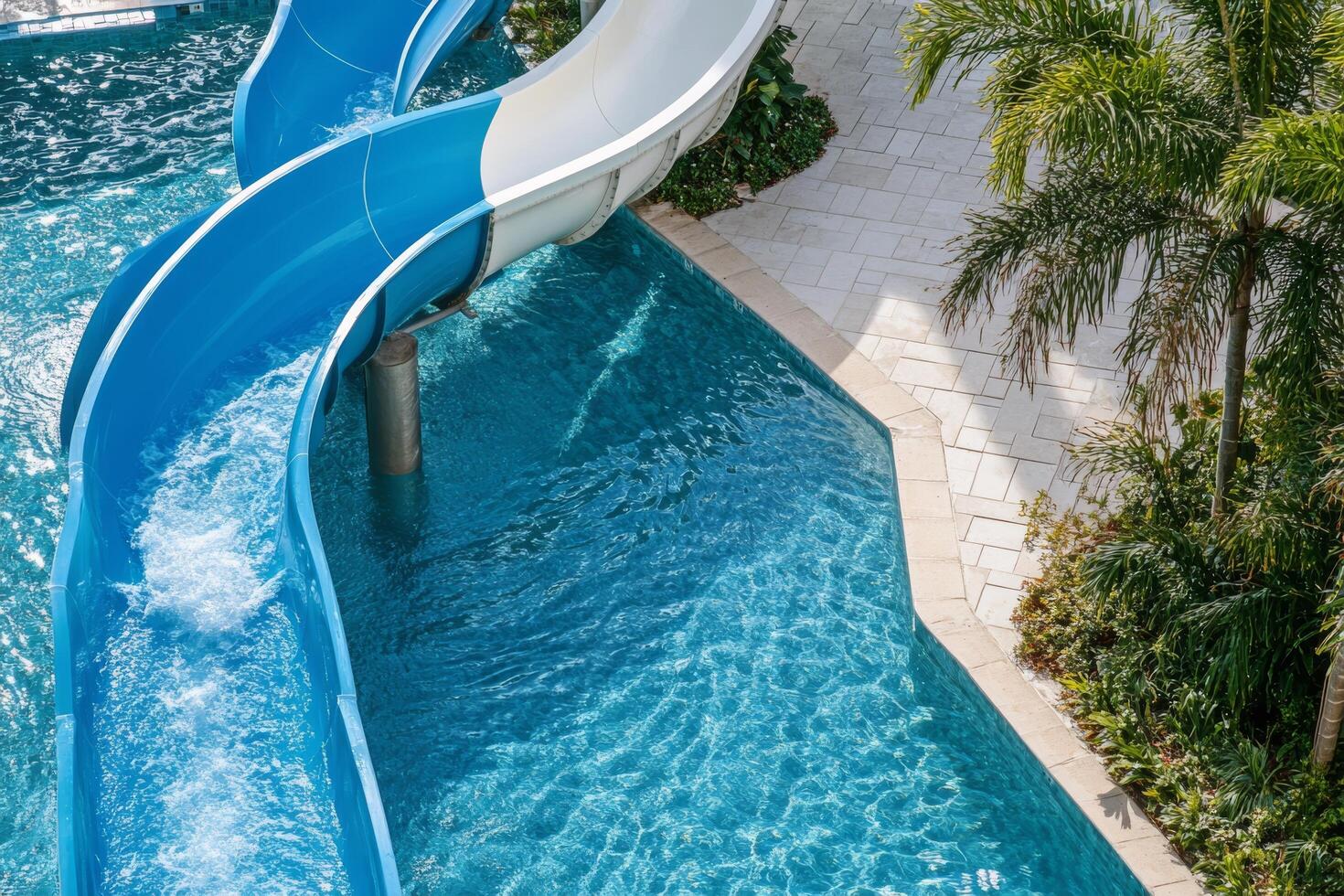 A blue water slide in a pool photo