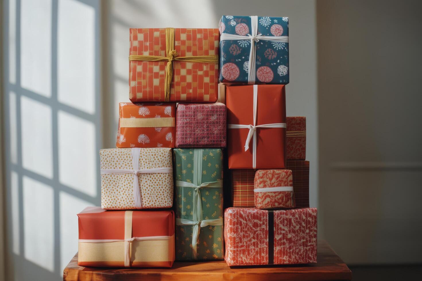 A stack of wrapped presents on a table photo