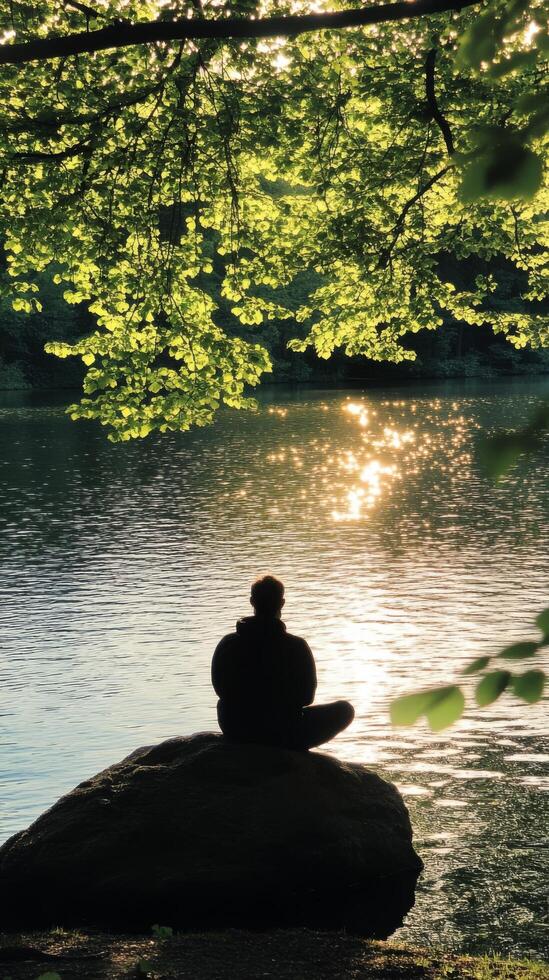 A person sitting on a rock by a lake photo