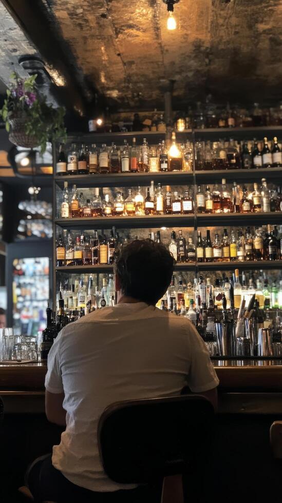 A man sitting at a bar with a bottle of whiskey photo