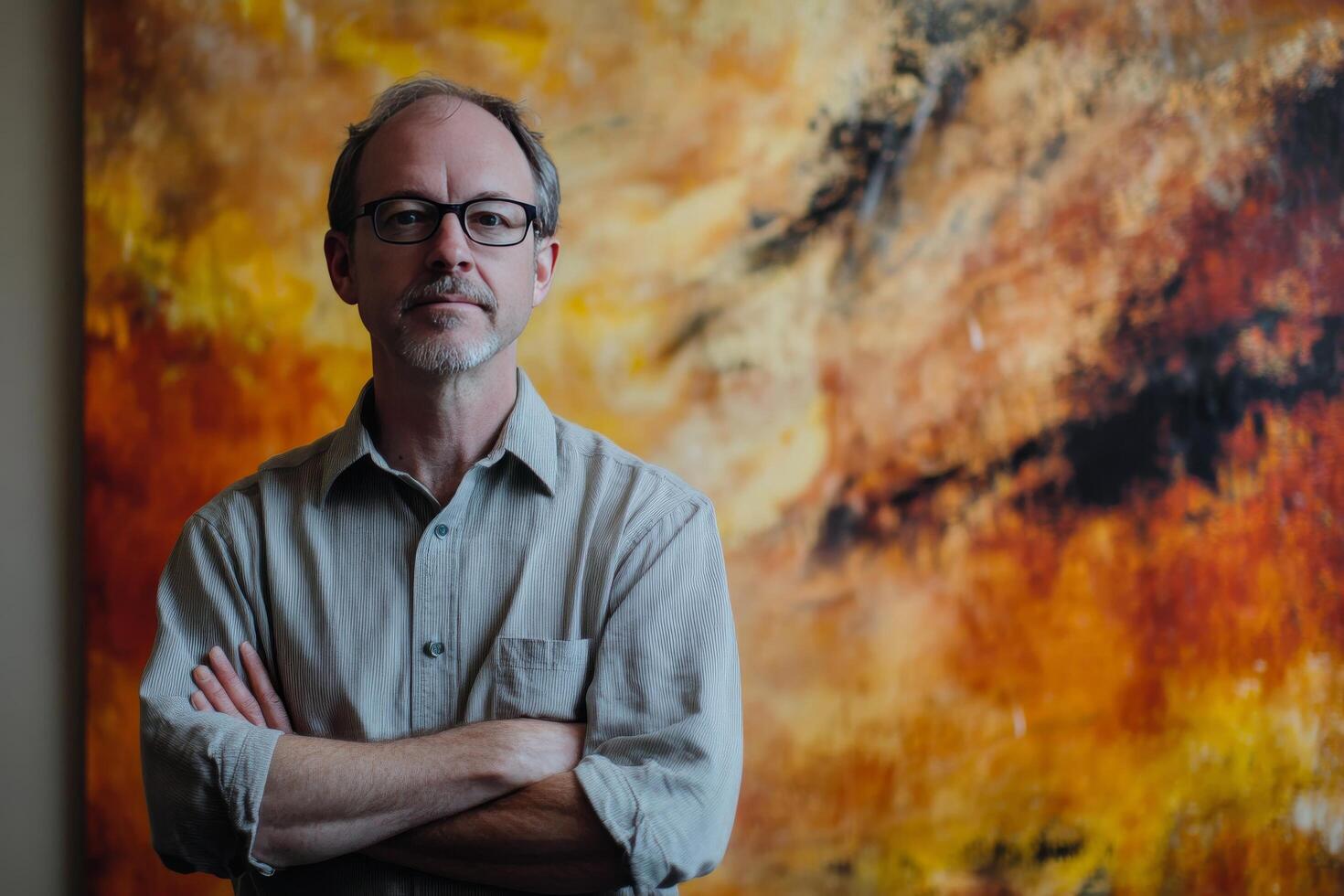 A man with glasses standing in front of a painting photo