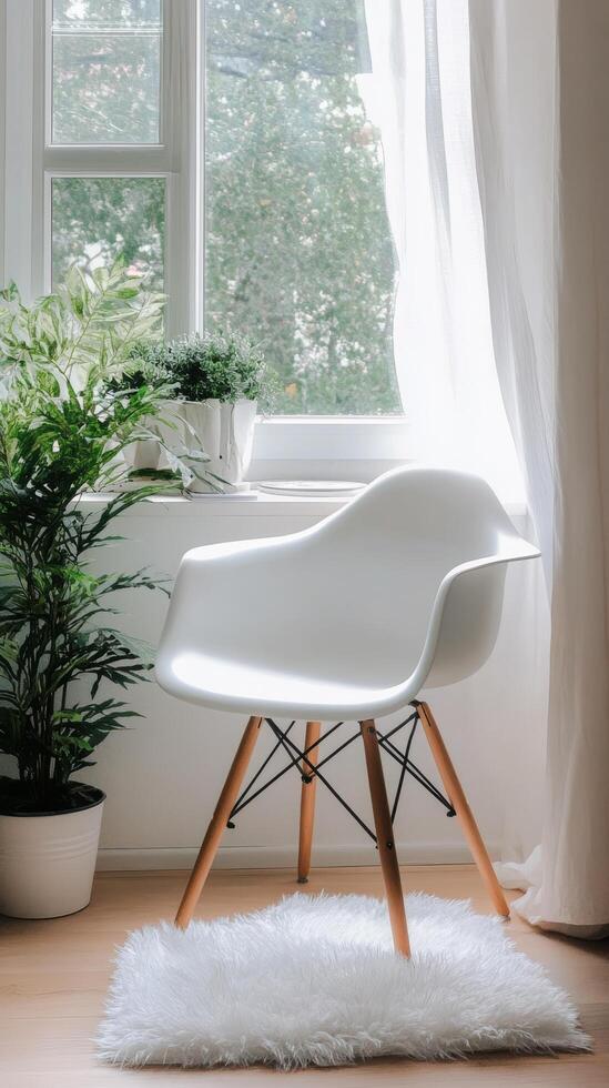 A white chair and a potted plant in front of a window photo