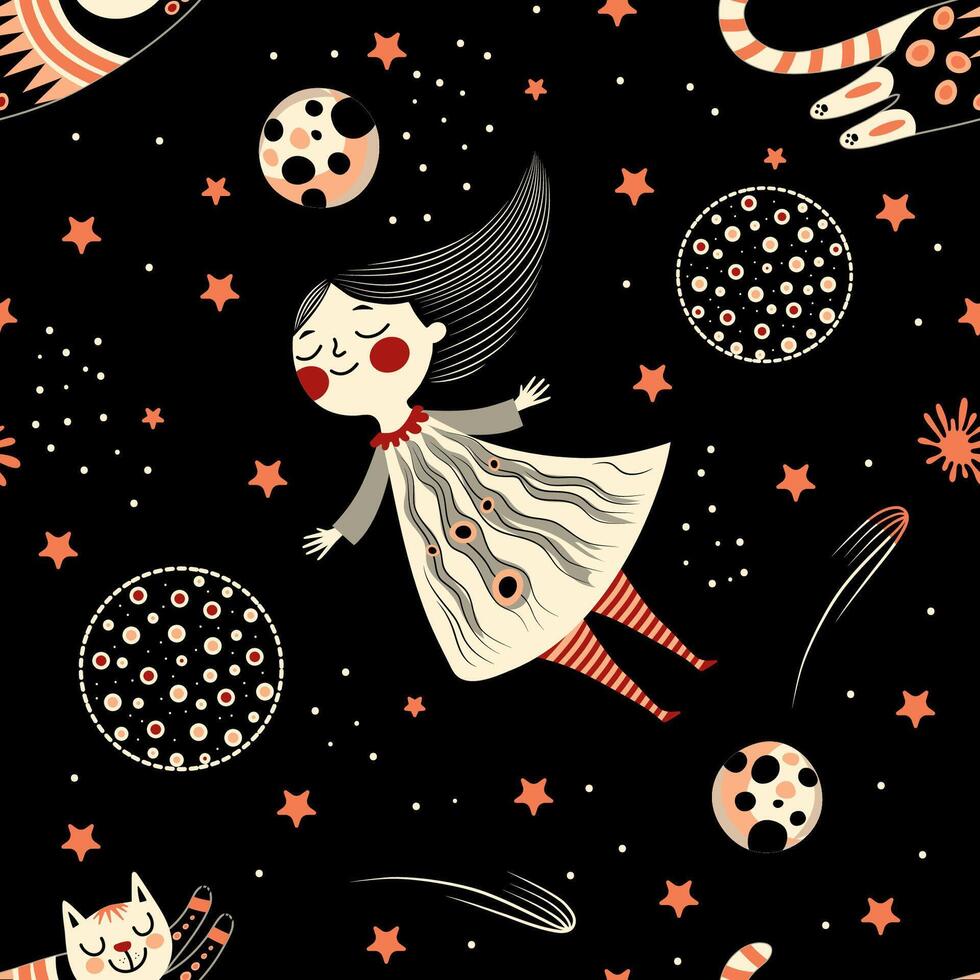 dreams of a girl and a cat against the backdrop of space vector