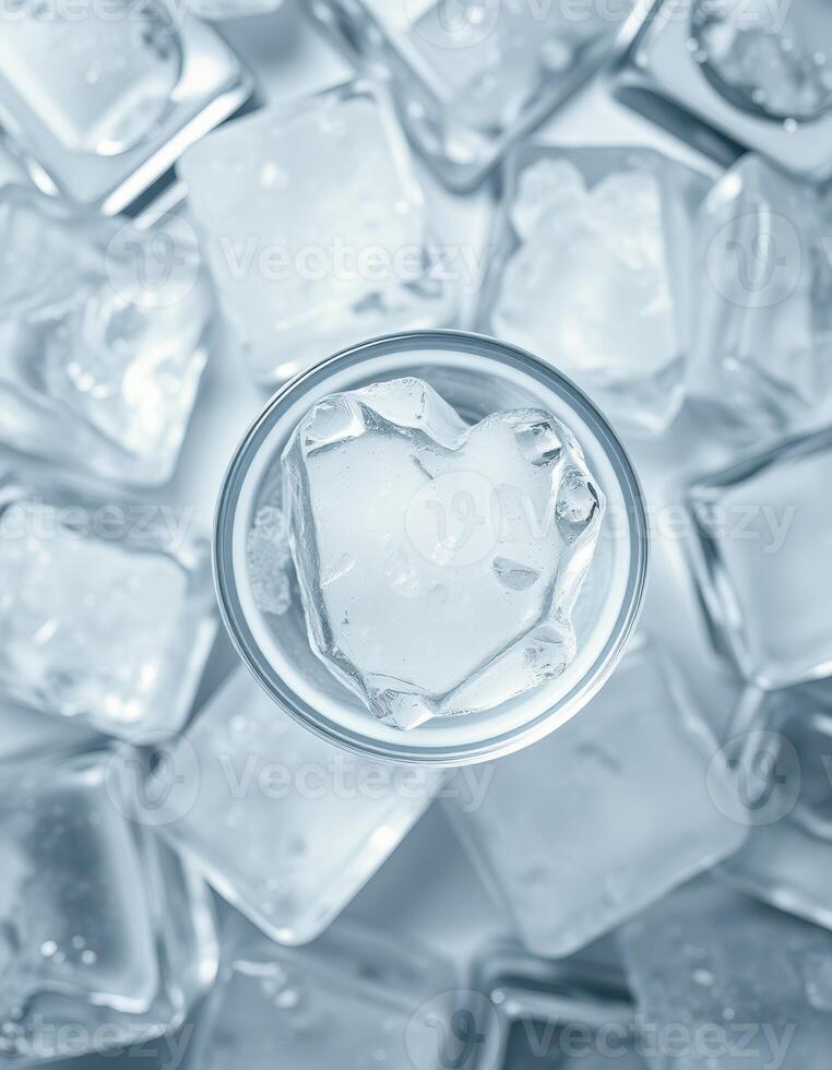 Ice cubes surround a glass with a heart-shaped ice piece resting on top in a cool setting photo