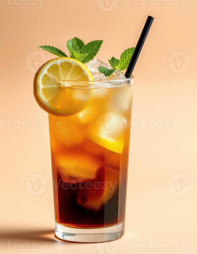 Refreshing iced tea garnished with lemon and mint for a delightful summer drink photo