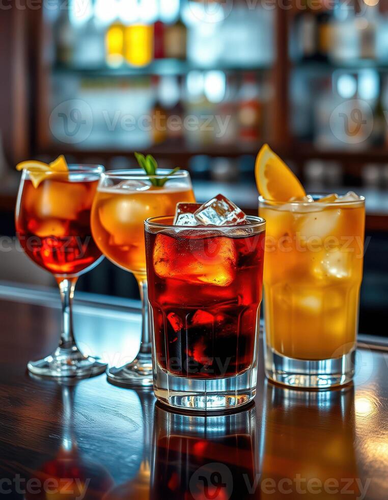 Colorful mixed drinks beautifully arranged on a bar counter with elegant glassware in a lively atmosphere photo
