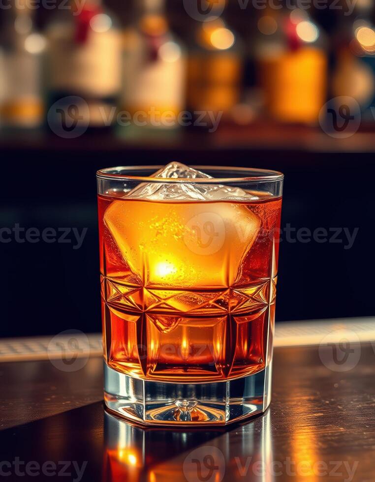 Elegant whiskey cocktail with ice in glass on a bar counter during evening hours photo