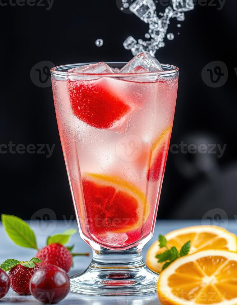 Refreshing berry and citrus beverage with ice and splash served in a tall glass in a bright setting photo