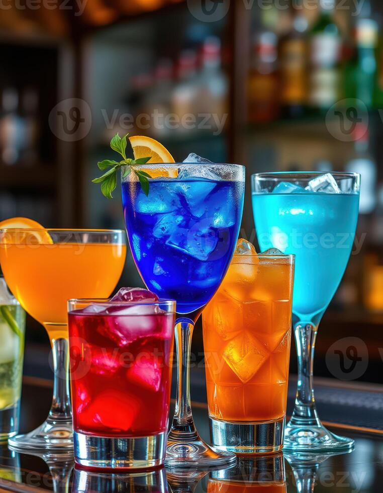 Colorful selection of refreshing cocktails served in elegant glasses at a lively bar during a warm evening photo