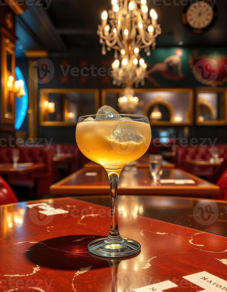 Elegant cocktail served in a sophisticated restaurant setting with opulent decor and chandelier lighting photo