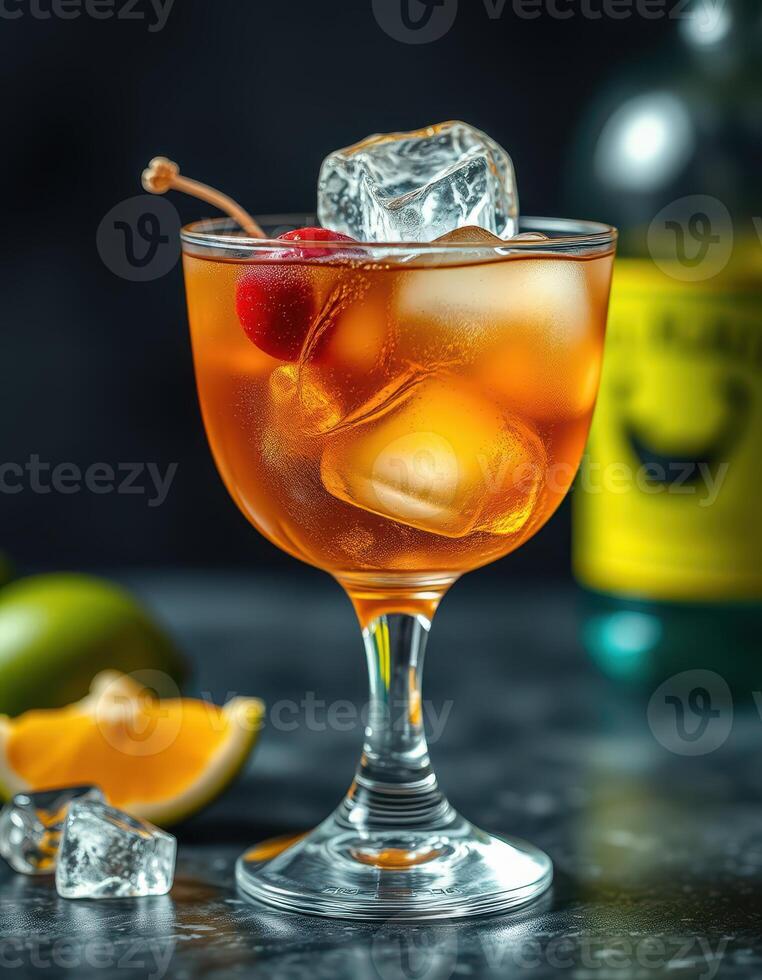 Refreshing cocktail with ice cubes garnished with cherries and citrus fruit on a dark background photo