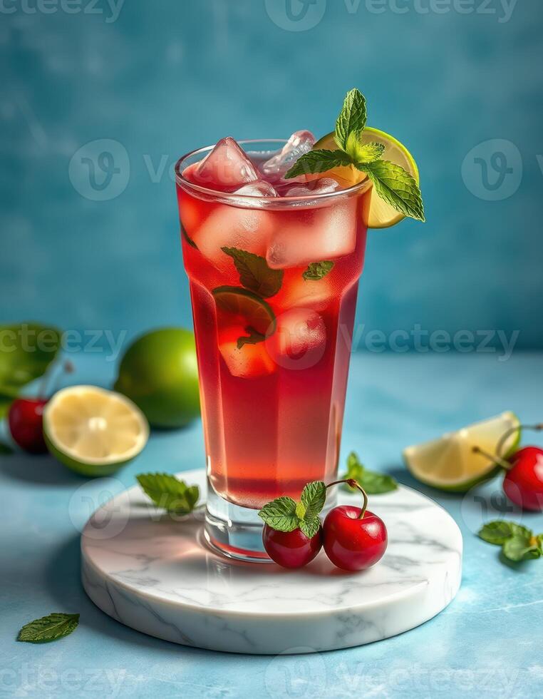 Refreshing cherry drink with mint and lime on a marble coaster in a bright setting photo