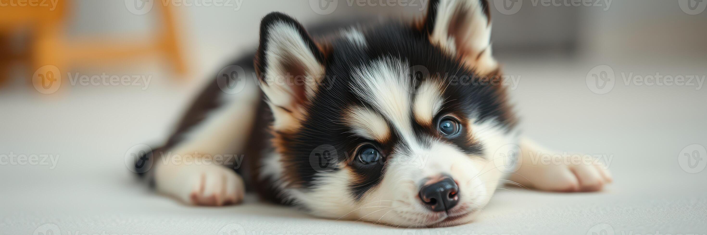 Playful husky puppy relaxing indoors in a cozy environment during the day photo