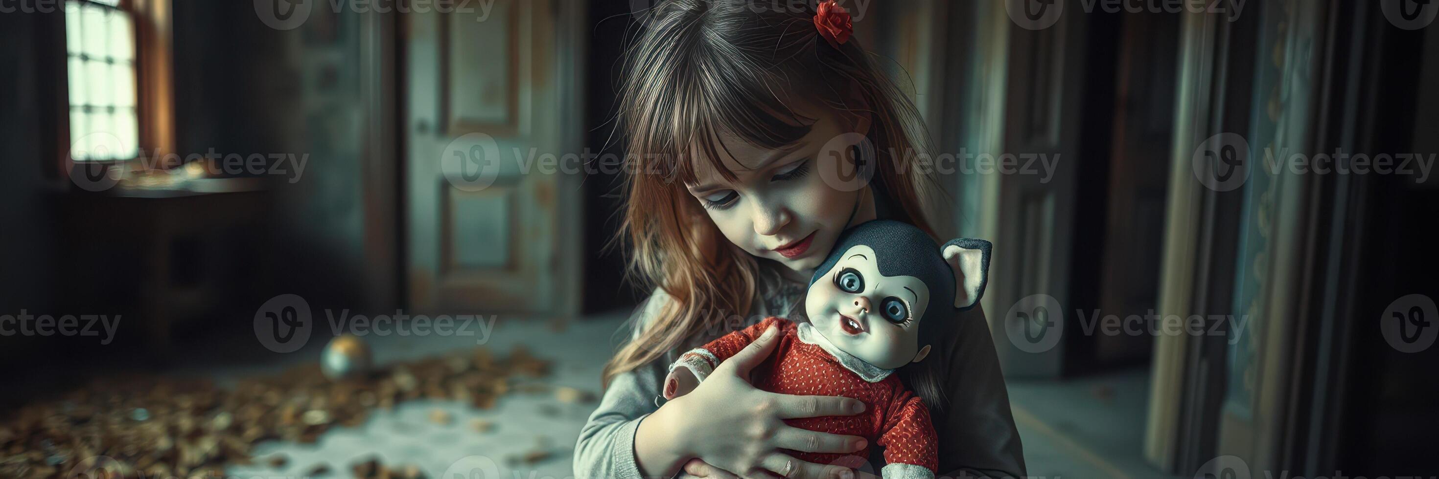 Child holds vintage doll in an abandoned room during dusk, creating an eerie and nostalgic atmosphere photo