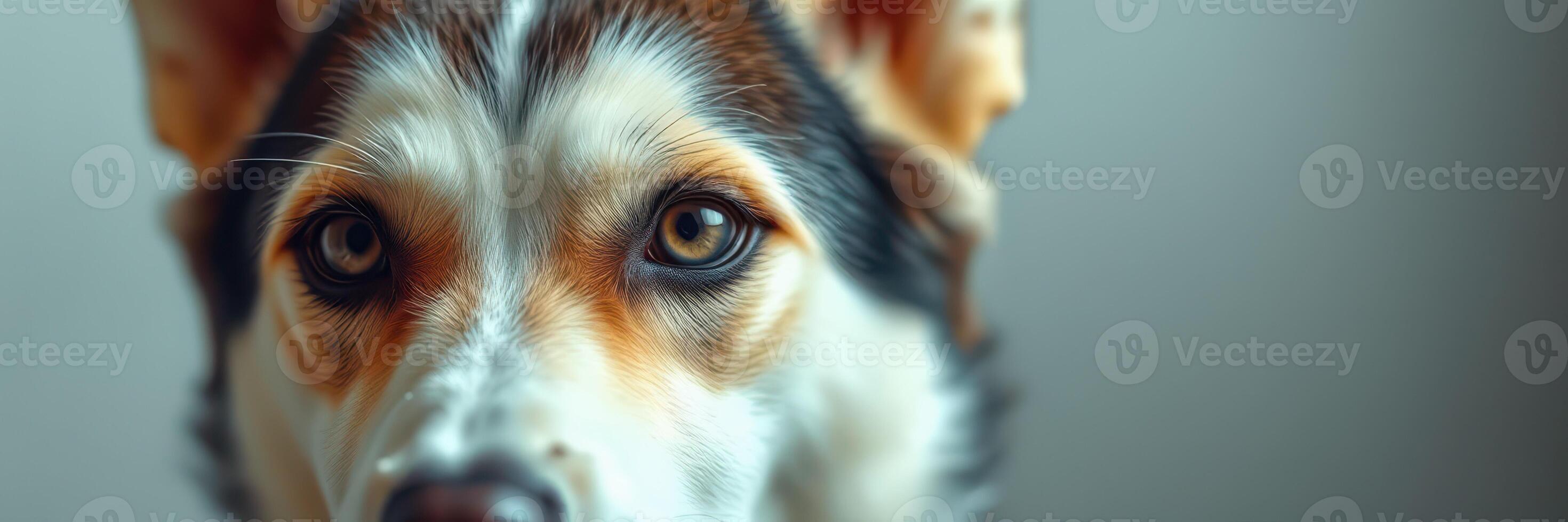 Dog with striking features gazes directly at the camera in a soft-lit indoor setting photo