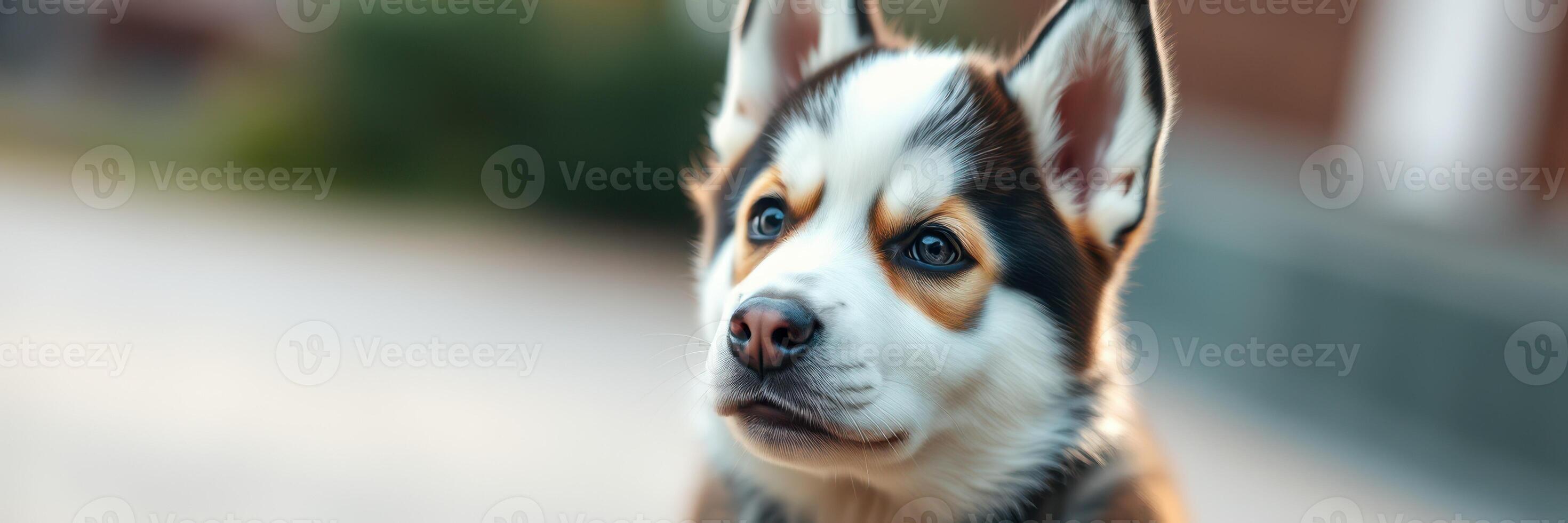 Dog with striking fur pattern looking curiously at the camera in a backyard setting during the afternoon light photo