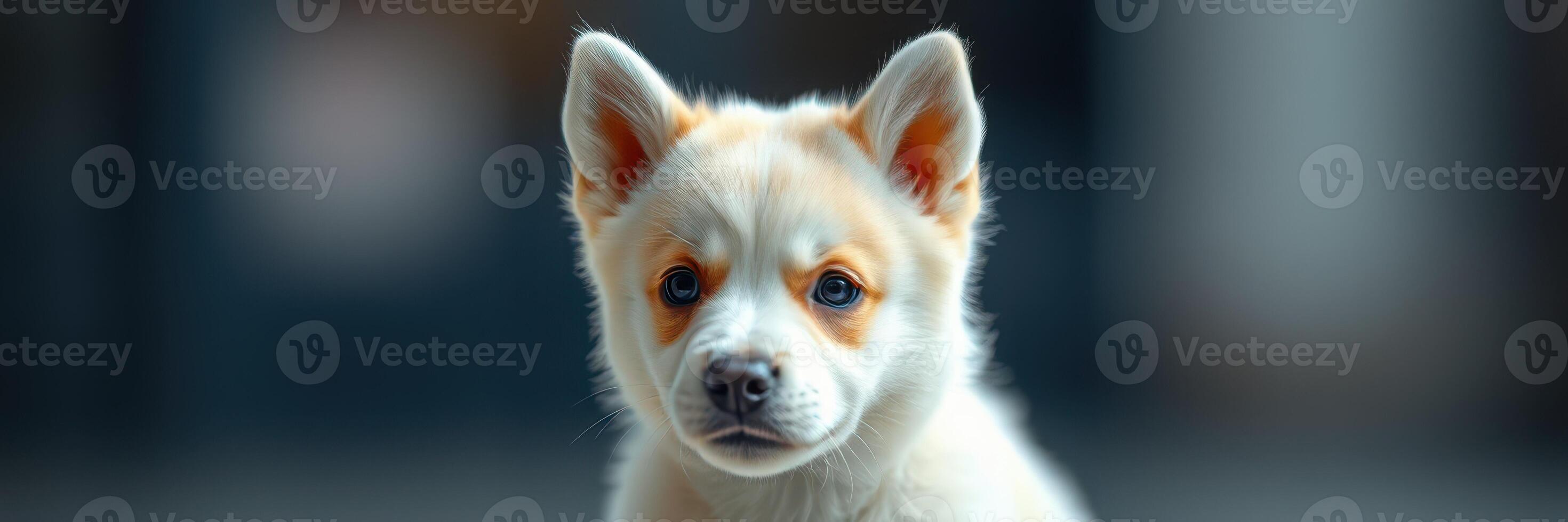 Cute puppy with light fur and expressive eyes looking curiously at the camera in a cozy indoor setting photo