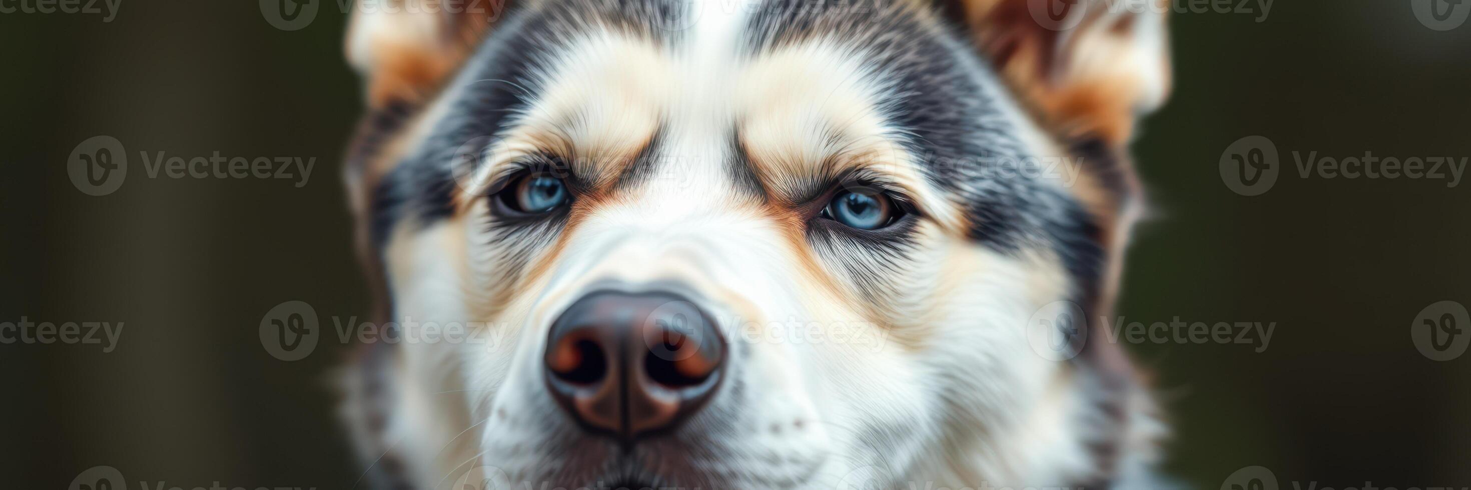 Majestic close-up of a husky dog showcasing striking blue eyes and a thick fur coat in a natural outdoor setting photo