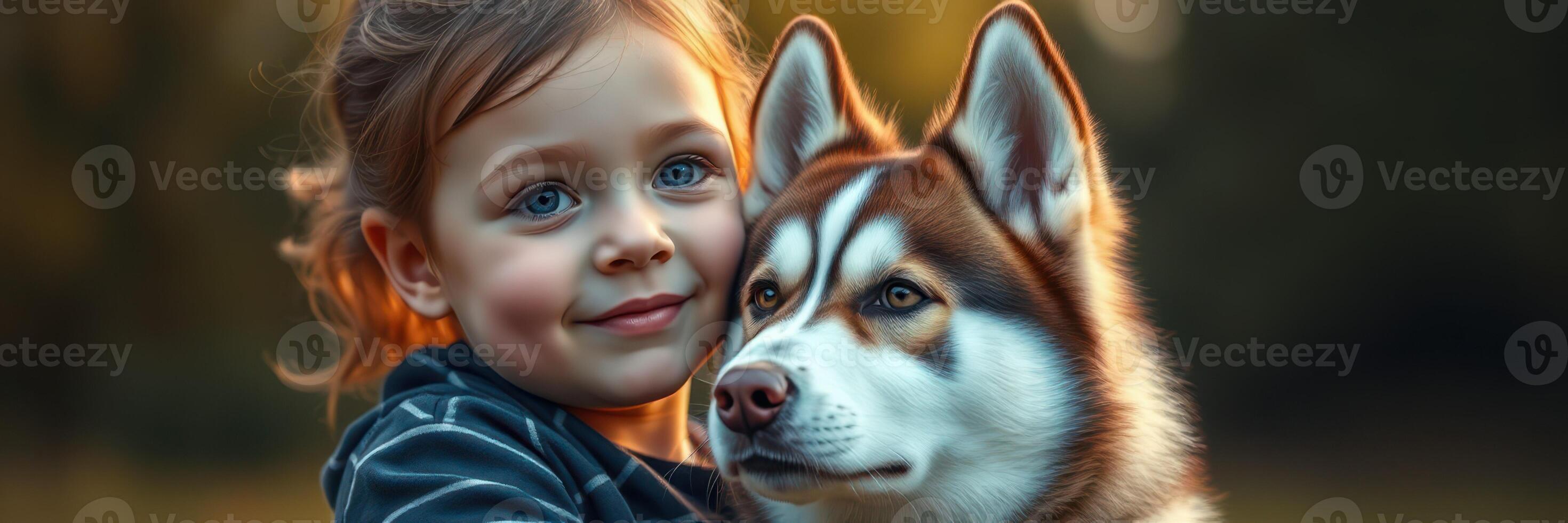 Girl enjoys a warm moment with her husky in a sunlit outdoor setting during golden hour photo