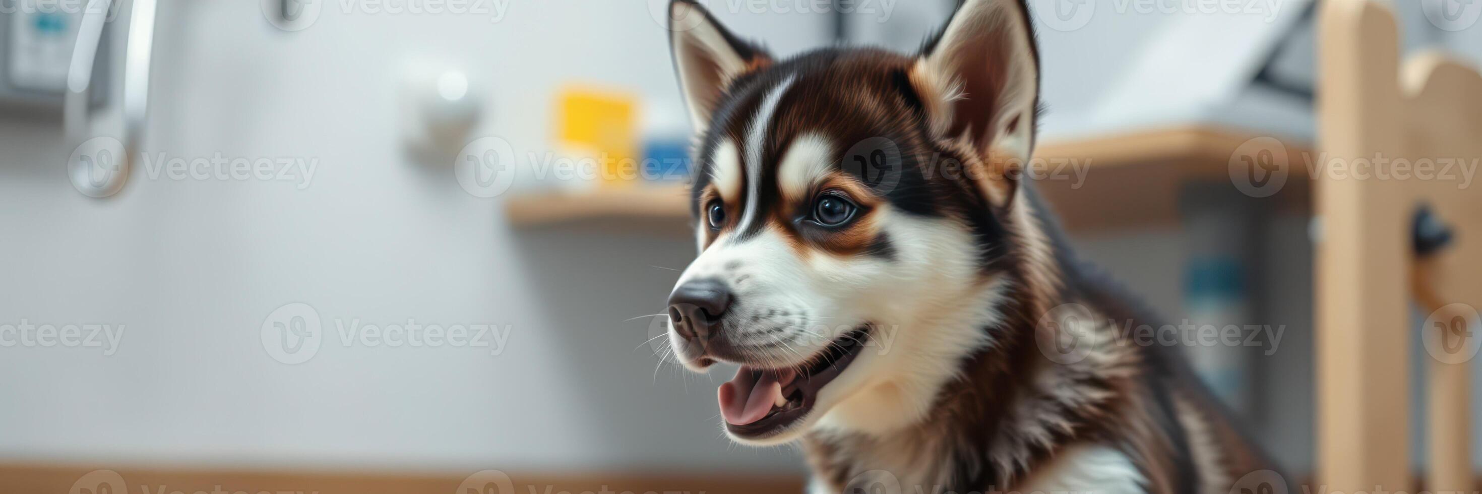 Cute husky puppy interacting in a veterinary clinic during a routine check-up with a friendly veterinarian photo