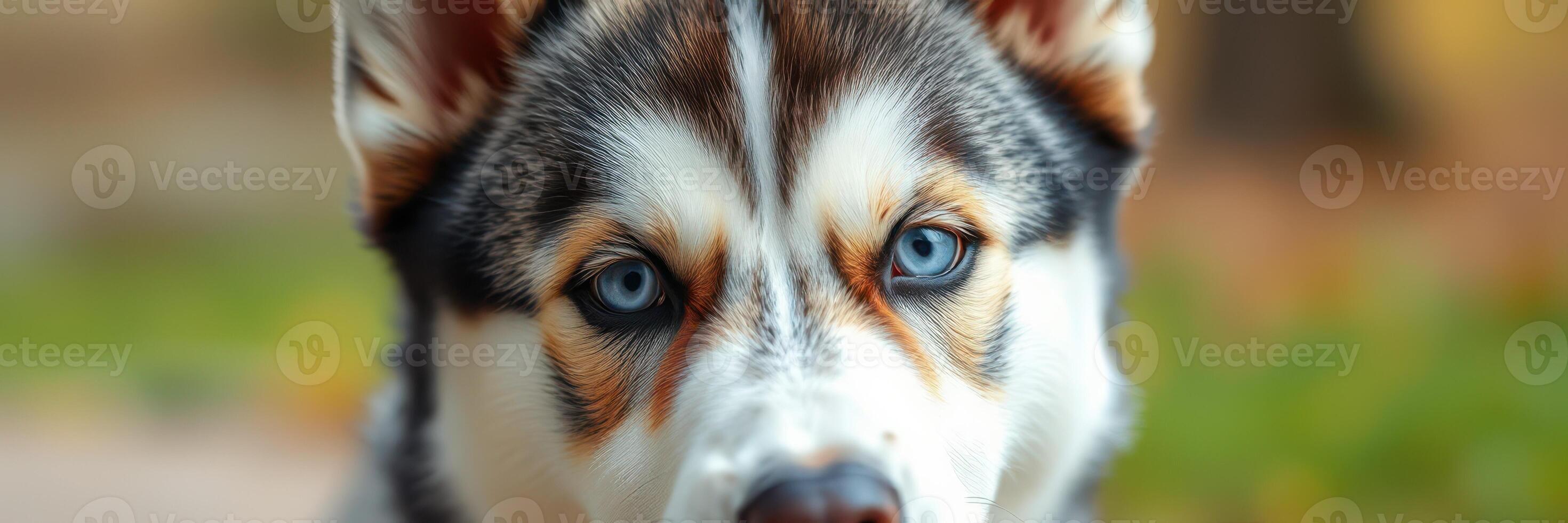 Siberian Husky puppy with striking blue eyes posing outdoors in a natural setting during early autumn photo