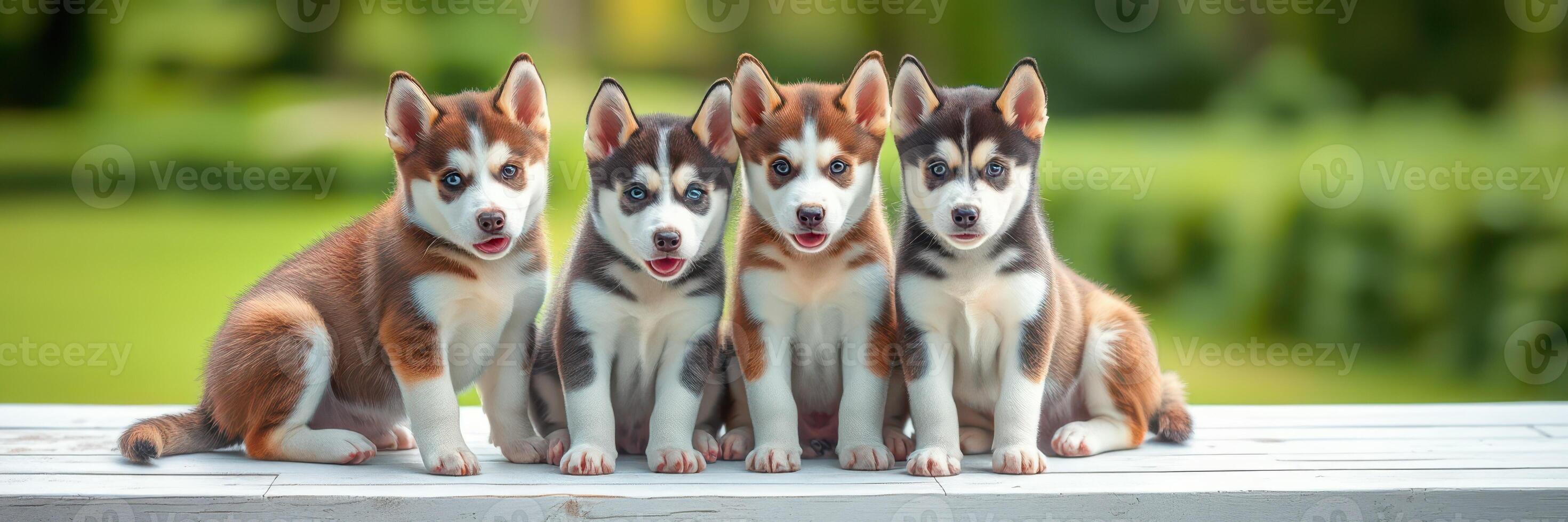 Four playful puppies sit together in a sunny park, showcasing their adorable fur patterns and lively expressions during a joyful afternoon photo