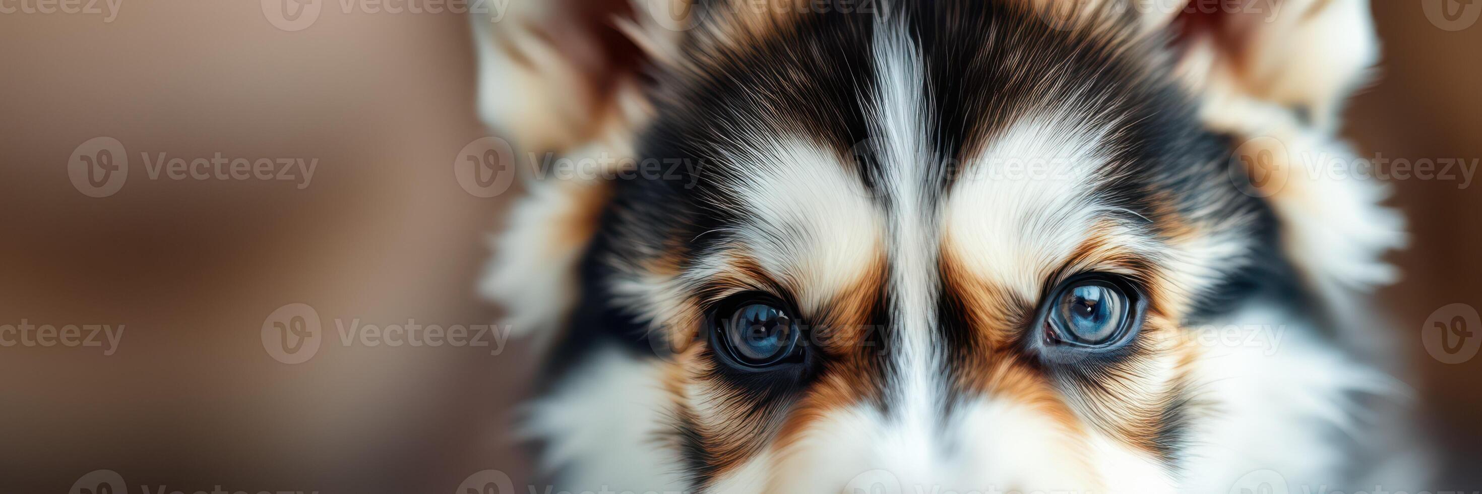 Adorable corgi puppy with striking blue eyes looking directly at the camera in a cozy indoor setting photo