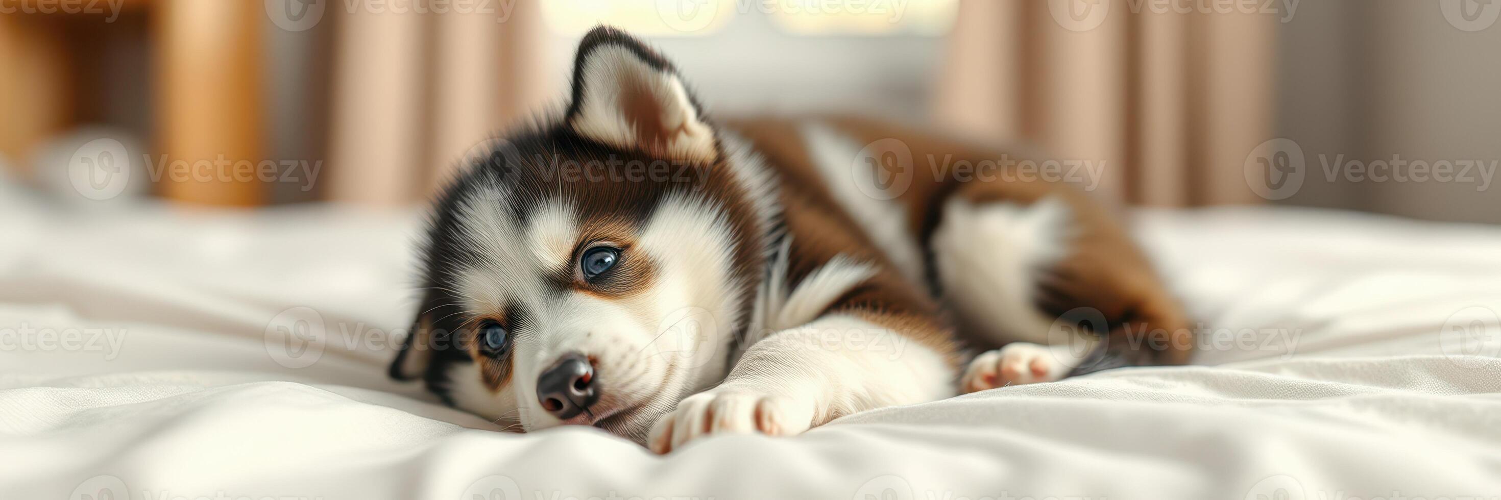 Cute puppy resting on a soft bed in a cozy indoor setting during the afternoon photo