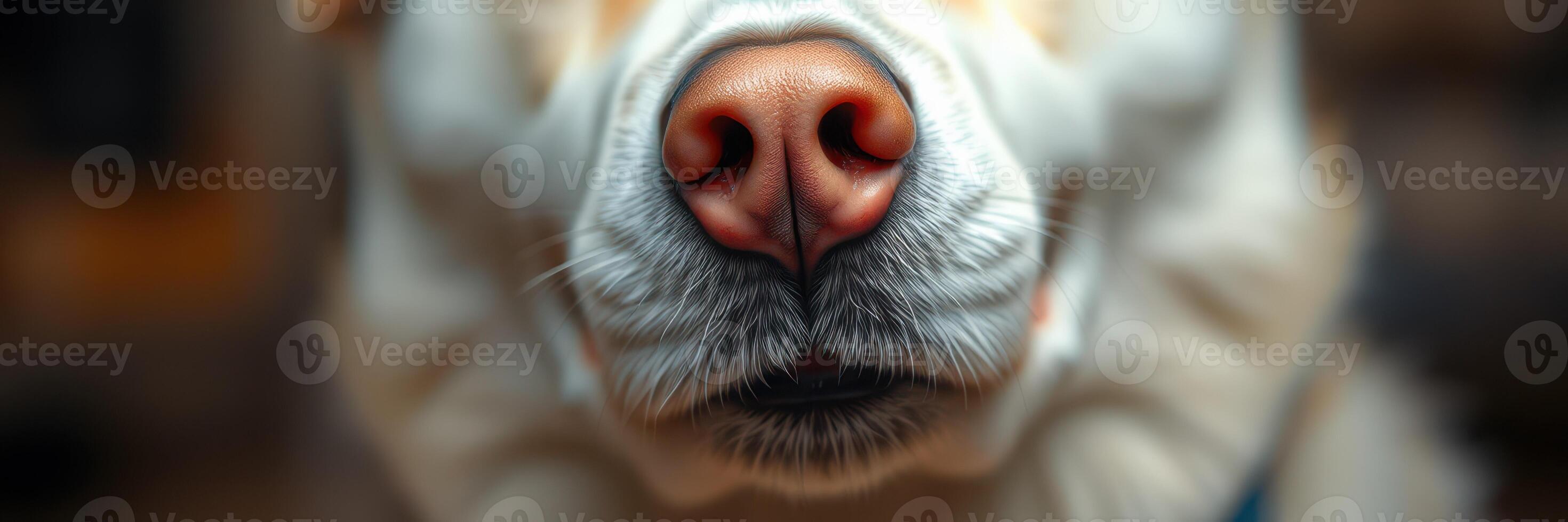 Close-up of a dog's nose with soft fur backdrop highlighting canine features and textures in a warm indoor setting photo