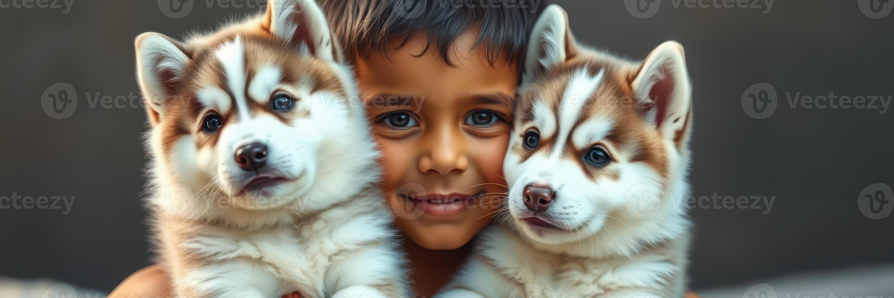 Boy smiles joyfully while holding two adorable husky puppies in a warm, inviting setting during the golden hour photo
