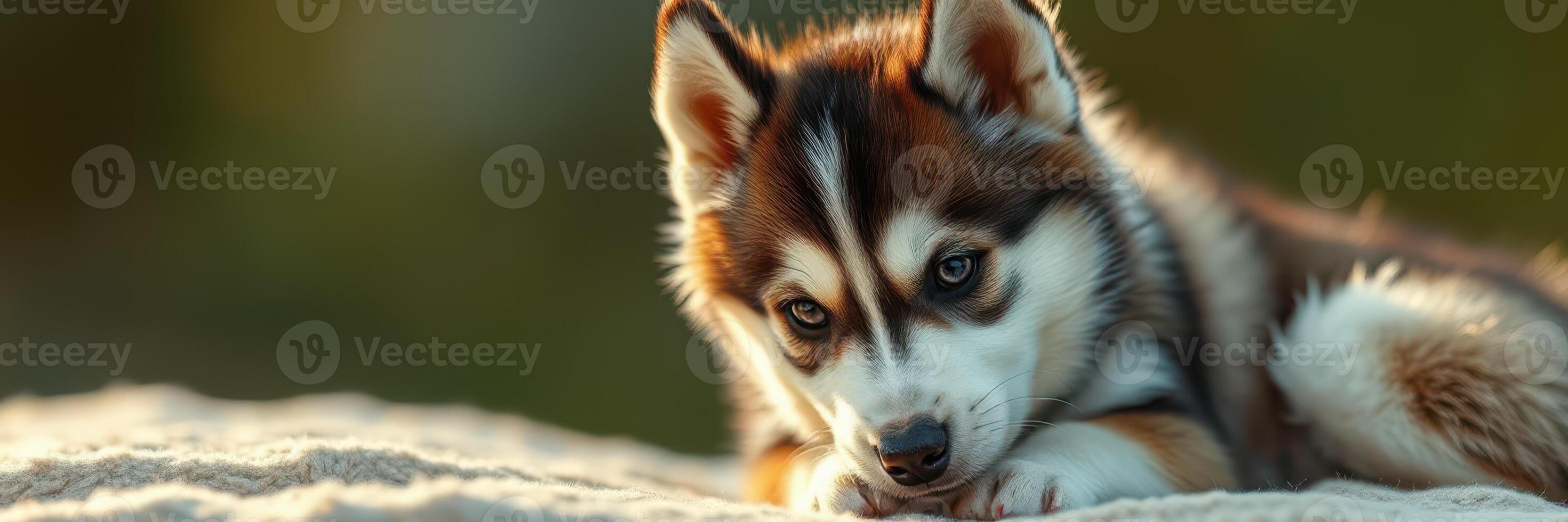Cute Siberian Husky puppy resting on a sandy surface during golden hour, showcasing captivating blue eyes and fluffy fur photo