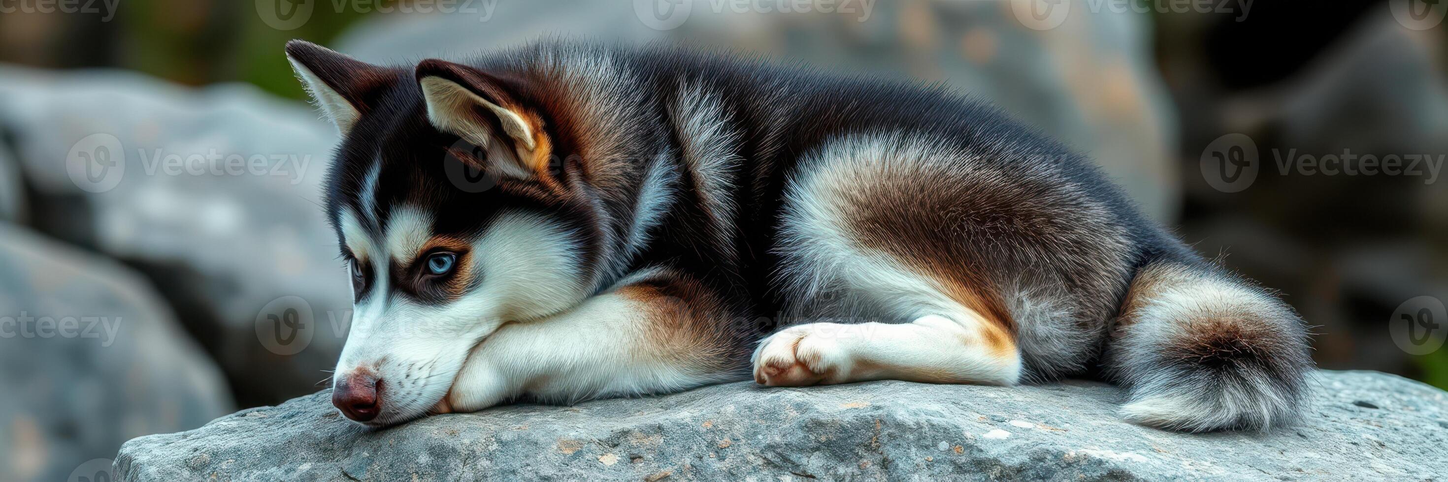 Husky dog resting on a large rock in a natural setting during the day photo